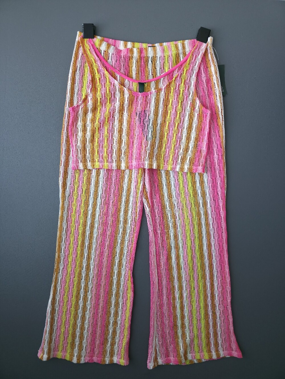 NWT Wild Fable Crochet 2pc Set M Top L Pants Neon Striped Festival Swim Coverup